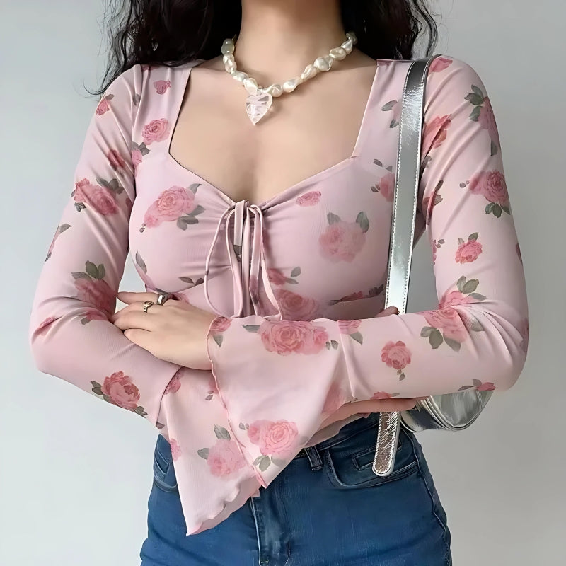Y2K Rose Garden Mesh Top - Soft Girl Retro Style 90s Fashion
