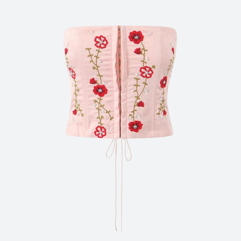 Y2K Soft Girl Embroidered Beaded Corset Top - Retro 90s Fashion Statement