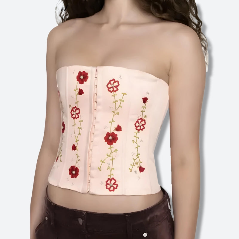 Y2K Soft Girl Embroidered Beaded Corset Top - Retro 90s Fashion Statement