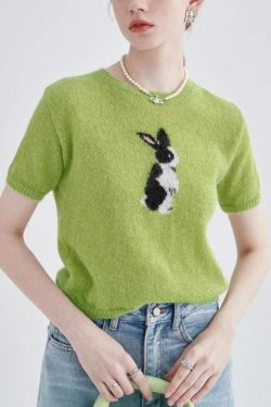 Y2K Soft Girl Rabbit Knitted Top - Retro 90s Fashion Grunge Outfit