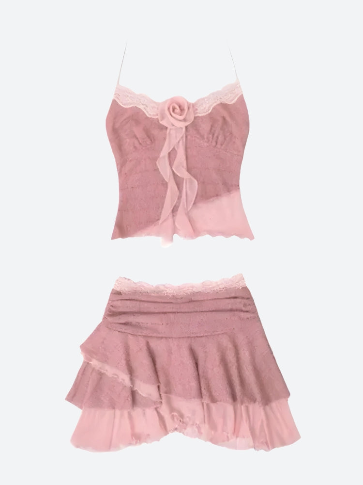 Y2K Soft Girl Rose Top & Mini Skirt Set - Retro 90s Summer Outfit