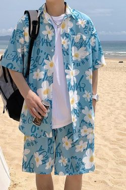 Y2K Summer Flower Shirt & Shorts Two Piece Set - Retro Style Y2K Outfits