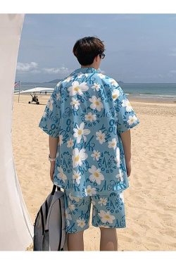 Y2K Summer Flower Shirt & Shorts Two Piece Set - Retro Style Y2K Outfits