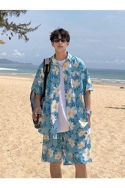 Y2K Summer Flower Shirt & Shorts Two Piece Set - Retro Style Y2K Outfits