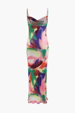 Abstract Cowl Neck Plisse Maxi Dress in Y2K Fashion Aesthetic