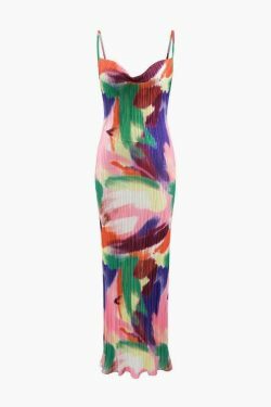 Abstract Cowl Neck Plisse Maxi Dress in Y2K Fashion Aesthetic