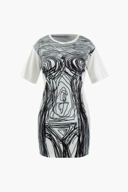 Abstract Line Print Mini Dress - Y2K Coquette Grunge Aesthetic Cute Tops Pastel Goth Cargo Skirt