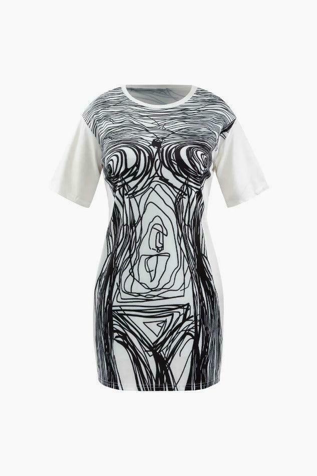 Abstract Line Print Mini Dress - Y2K Coquette Grunge Aesthetic Cute Tops Pastel Goth Cargo Skirt