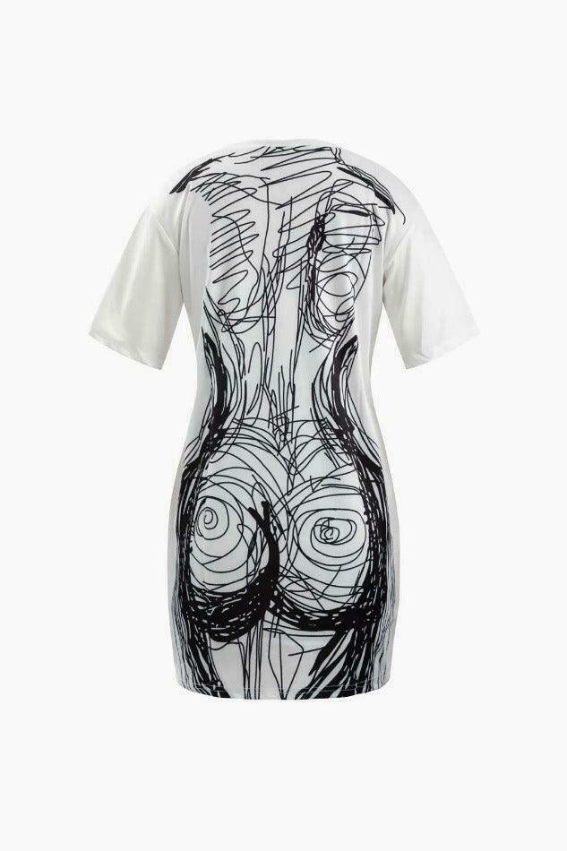 Abstract Line Print Mini Dress - Y2K Coquette Grunge Aesthetic Cute Tops Pastel Goth Cargo Skirt