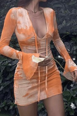 Abstract Print Flared Sleeve Tie Dress - Y2K Fashion Coquette Aesthetic Grunge Style