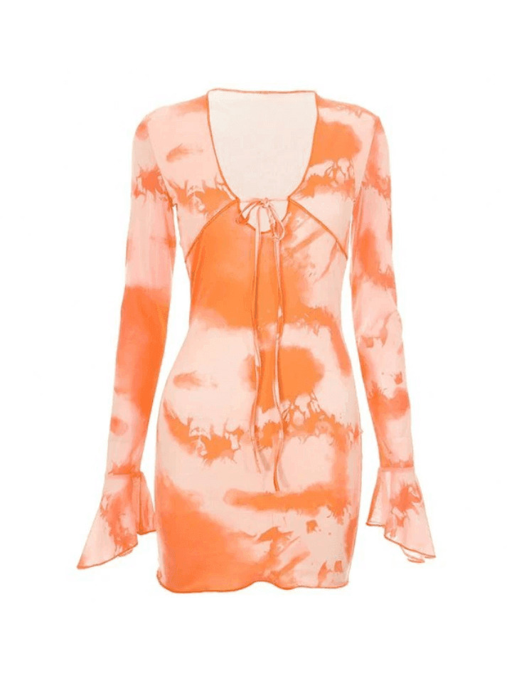 Abstract Print Flared Sleeve Tie Dress - Y2K Fashion Coquette Aesthetic Grunge Style