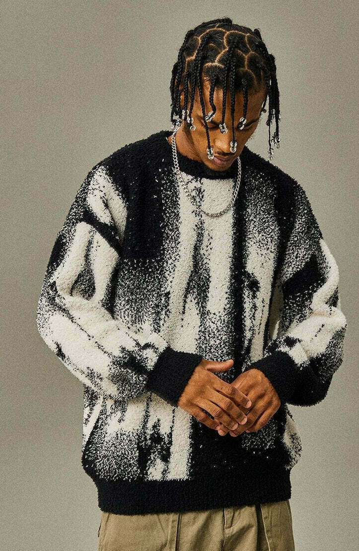 Abstract Print Knitted Sweater - Y2K Aesthetic Coquette Style - Grunge Fashion & Pastel Goth Vibes