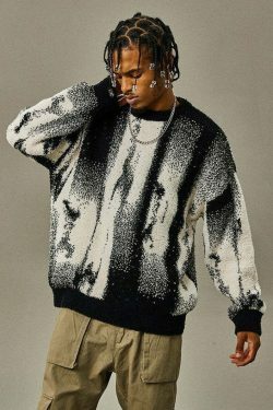 Abstract Print Knitted Sweater - Y2K Aesthetic Coquette Style - Grunge Fashion & Pastel Goth Vibes
