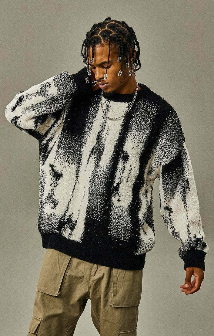 Abstract Print Knitted Sweater - Y2K Aesthetic Coquette Style - Grunge Fashion & Pastel Goth Vibes