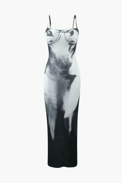 Abstract Print Maxi Dress with Back Slit - Y2K Fashion for Women, Coquette Aesthetic, Grunge Style