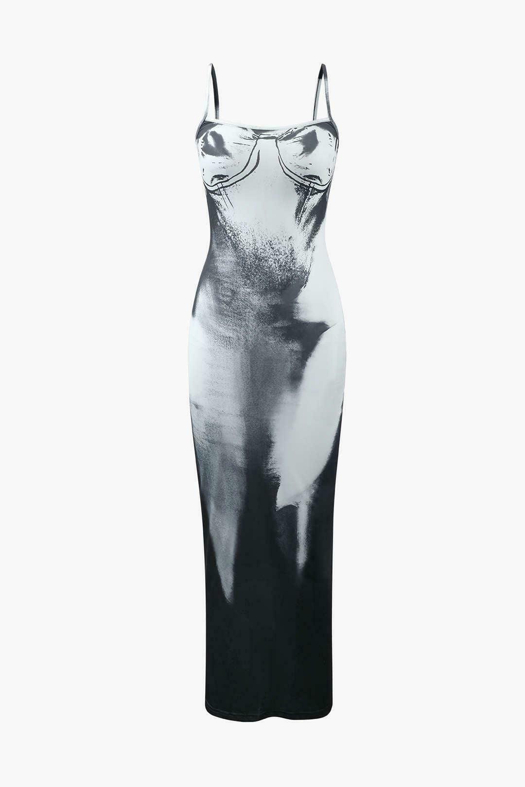 Abstract Print Maxi Dress with Back Slit - Y2K Fashion for Women, Coquette Aesthetic, Grunge Style