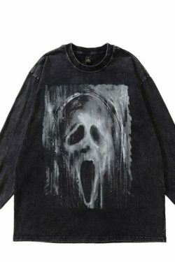 Acid Washed Graphic Long Sleeve T-Shirt: Y2K Fashion with Coquette Aesthetic, Grunge Style,
