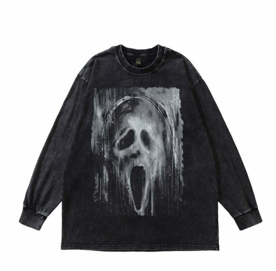 Acid Washed Graphic Long Sleeve T-Shirt: Y2K Fashion with Coquette Aesthetic, Grunge Style,