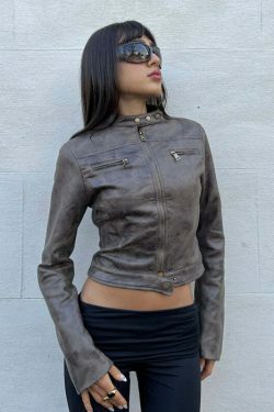 American Retro Distressed PU Leather Short Jacket - Y2K Fashion Statement Piece