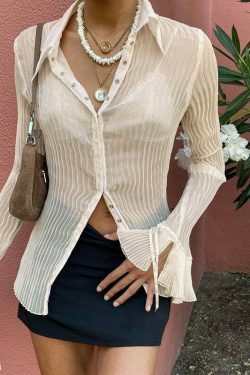 Angelcore Aesthetic White Shirt with Transparent Flare Sleeves - Y2K Fashion Statement