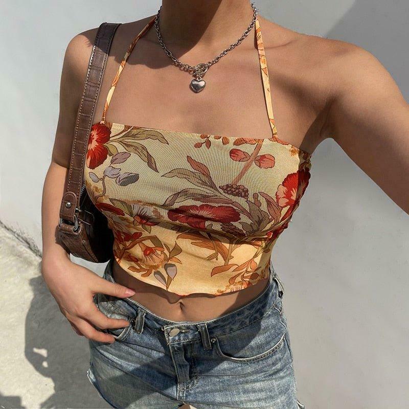 Angelic Floral Print Halter Top for Y2K Fashion Enthusiasts with Coquette and Grunge Aesthetic Vibe