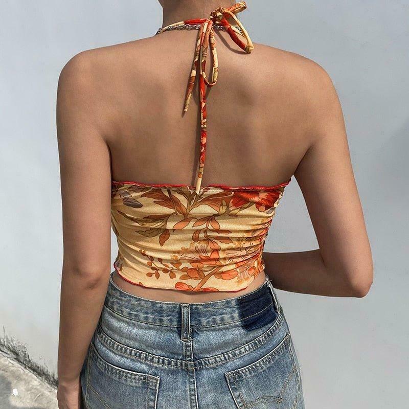 Angelic Floral Print Halter Top for Y2K Fashion Enthusiasts with Coquette and Grunge Aesthetic Vibe