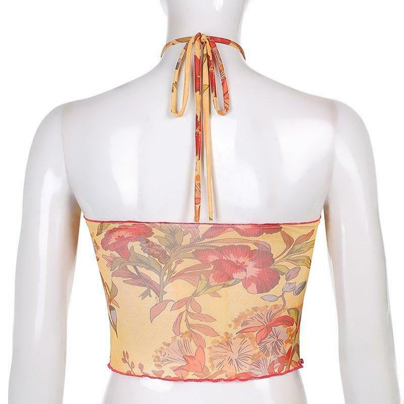Angelic Floral Print Halter Top for Y2K Fashion Enthusiasts with Coquette and Grunge Aesthetic Vibe