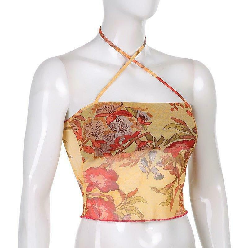 Angelic Floral Print Halter Top for Y2K Fashion Enthusiasts with Coquette and Grunge Aesthetic Vibe