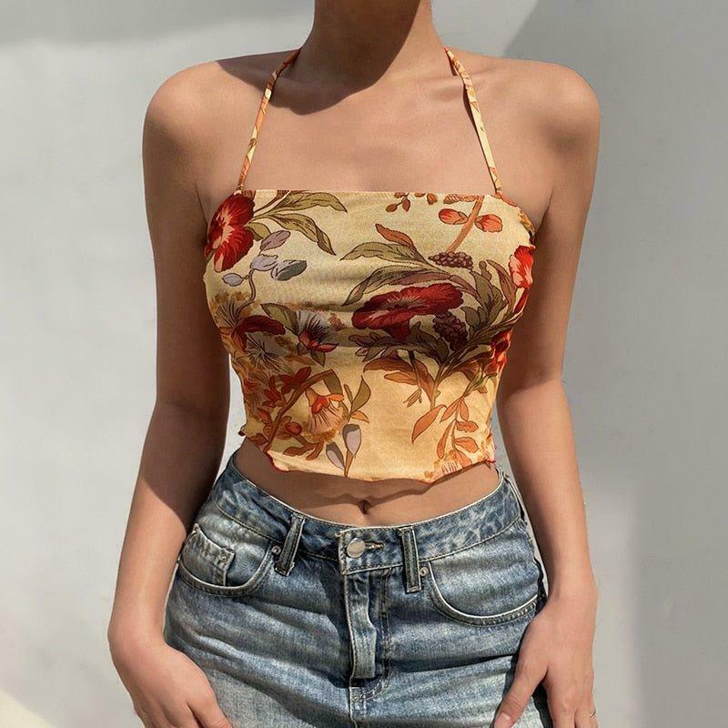 Angelic Floral Print Halter Top for Y2K Fashion Enthusiasts with Coquette and Grunge Aesthetic Vibe