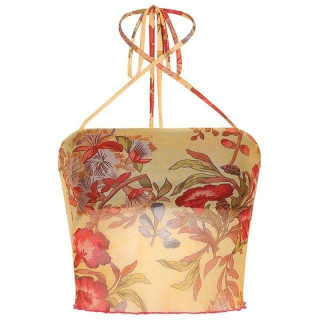 Angelic Floral Print Halter Top for Y2K Fashion Enthusiasts with Coquette and Grunge Aesthetic Vibe