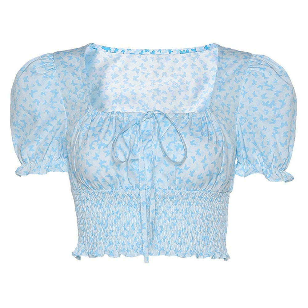 Blue Barry Butterfly Print Crop Top - Y2K Fashion Aesthetic for Women - Coquette Style Grunge Outfit
