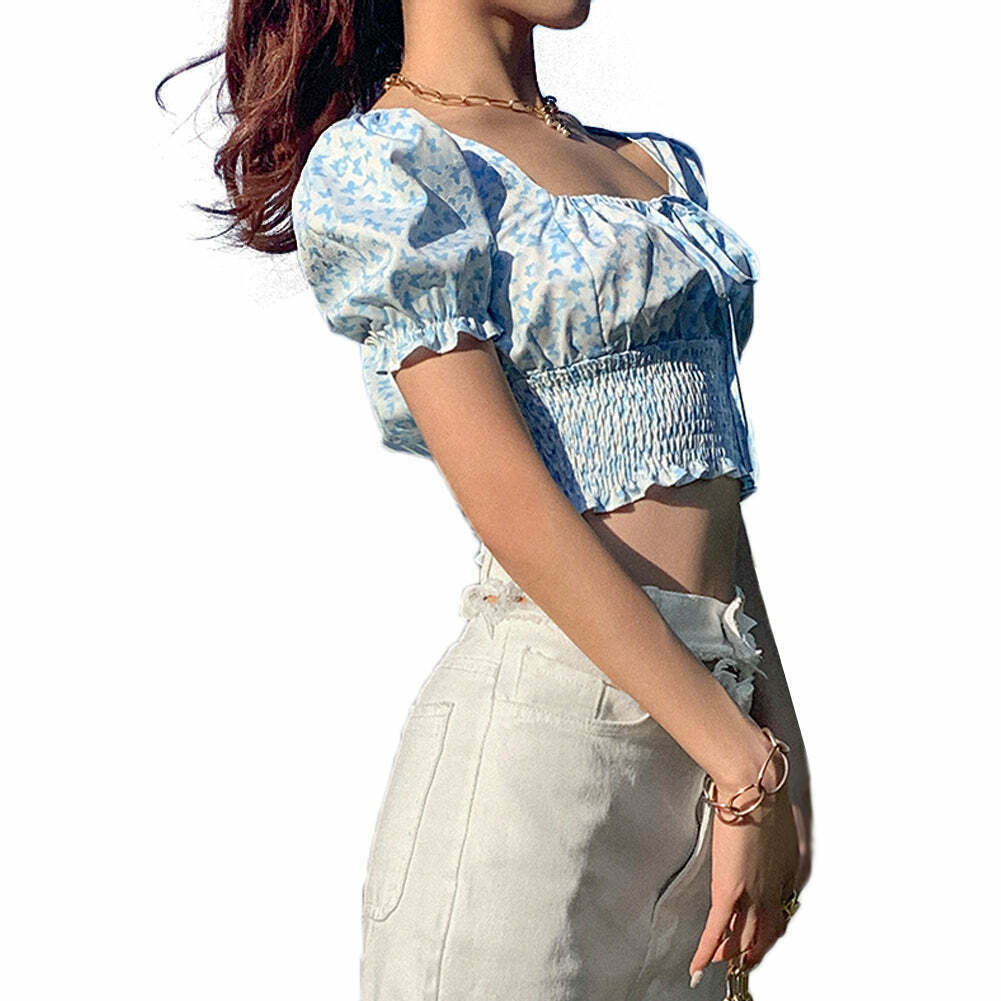 Blue Barry Butterfly Print Crop Top - Y2K Fashion Aesthetic for Women - Coquette Style Grunge Outfit