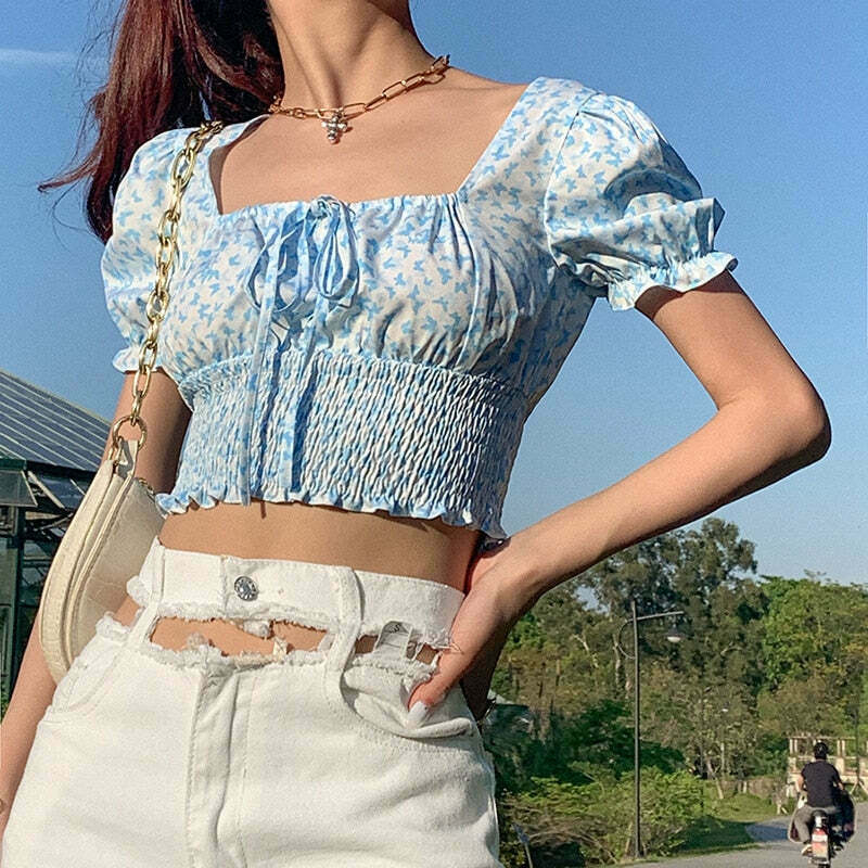 Blue Barry Butterfly Print Crop Top - Y2K Fashion Aesthetic for Women - Coquette Style Grunge Outfit