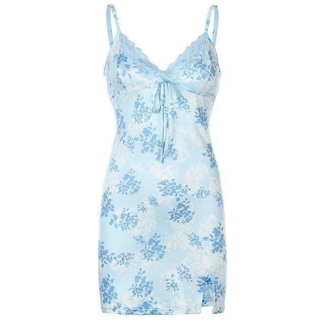 Blue Blossom Split Mini Dress - Y2K Fashion Coquette Aesthetic with a Touch of Grunge Style