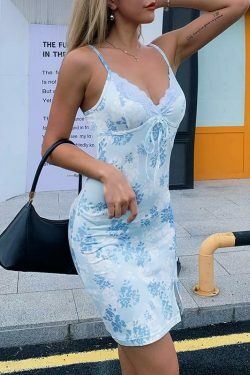 Blue Blossom Split Mini Dress - Y2K Fashion Coquette Aesthetic with a Touch of Grunge Style