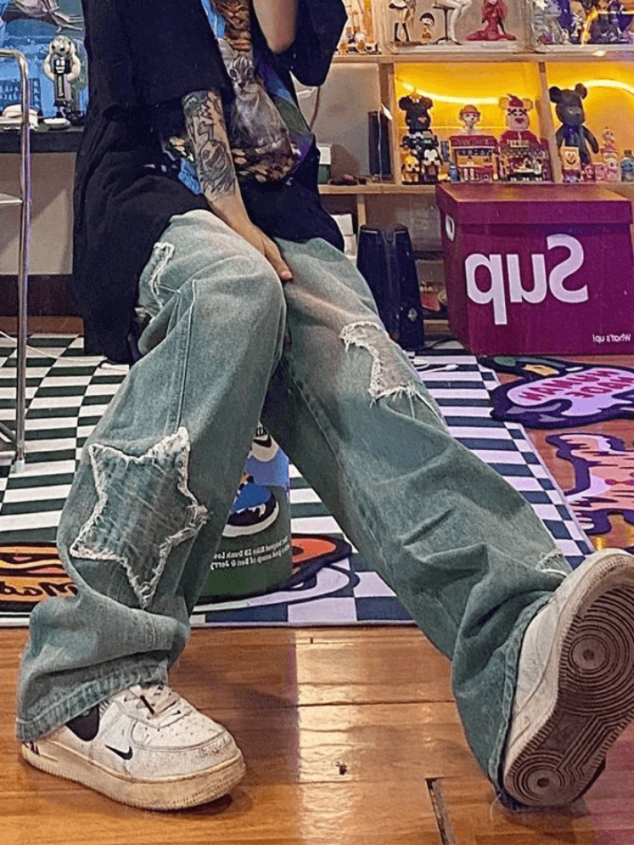 Blue Wash Star Patched Boyfriend Jeans - Y2K Fashion with Coquette Aesthetic
