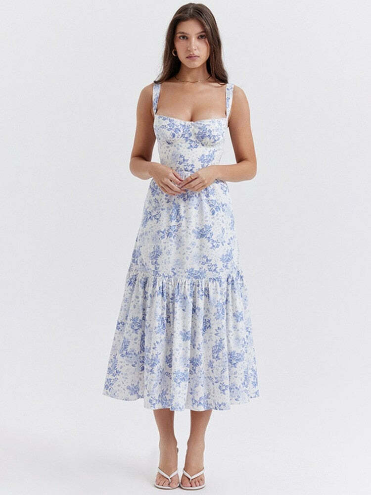 Bluebell Elegance: Y2K Floral Dress - Coquette Aesthetic, Grunge Style, Pastel Goth