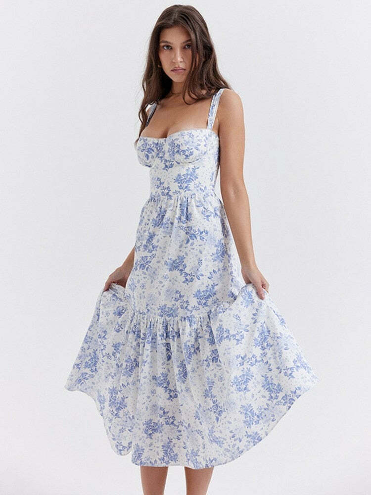 Bluebell Elegance: Y2K Floral Dress - Coquette Aesthetic, Grunge Style, Pastel Goth