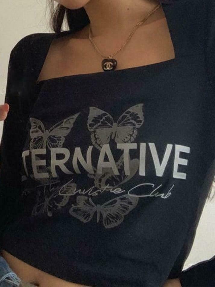 Butterfly Letter Print Square Neck Long Sleeve Tee - Y2K Fashion Aesthetic Top