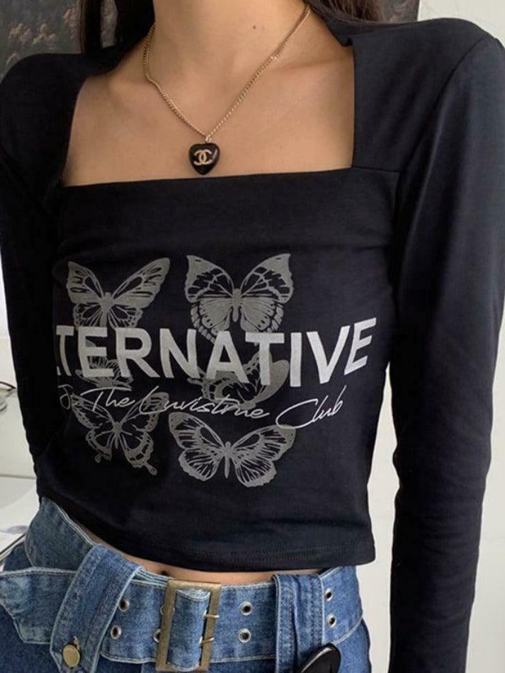 Butterfly Letter Print Square Neck Long Sleeve Tee - Y2K Fashion Aesthetic Top