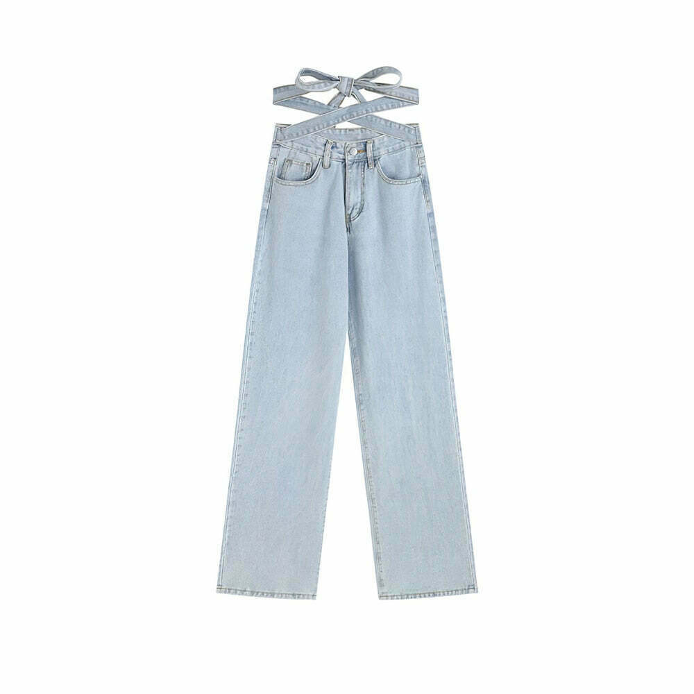 Celestial Sky Tie-Front Y2K Jeans - Coquette Aesthetic Grunge Style Women's Fashion