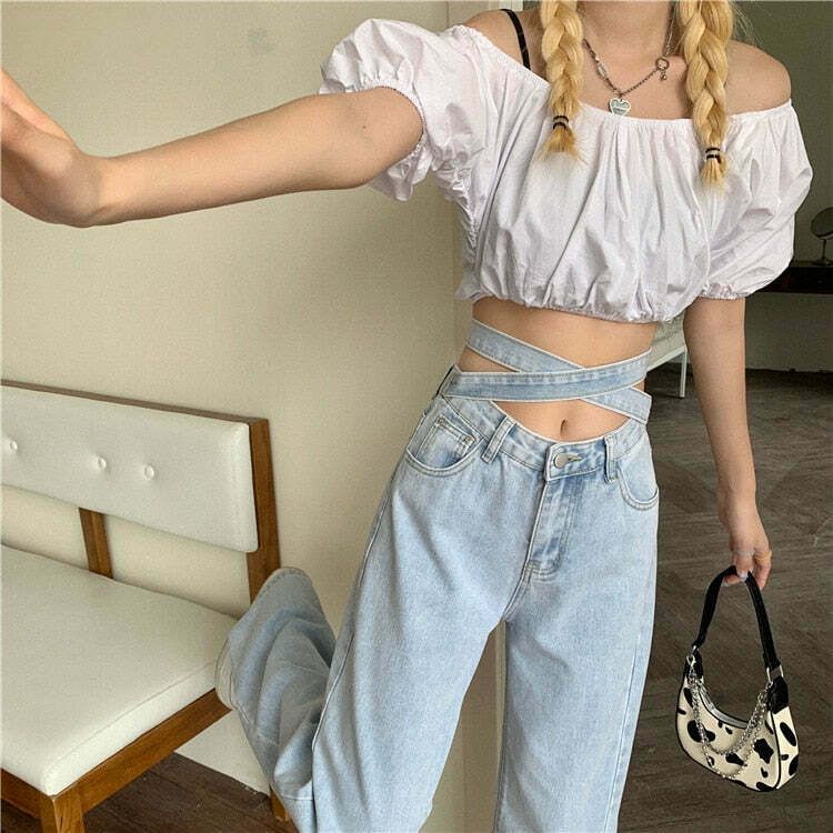 Celestial Sky Tie-Front Y2K Jeans - Coquette Aesthetic Grunge Style Women's Fashion