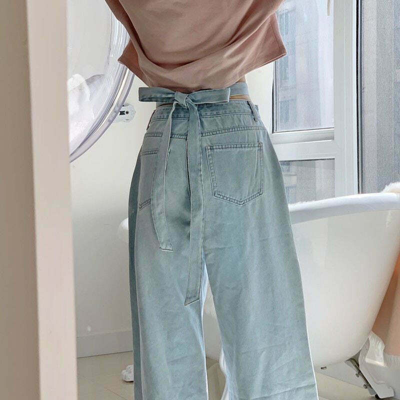 Celestial Sky Tie-Front Y2K Jeans - Coquette Aesthetic Grunge Style Women's Fashion