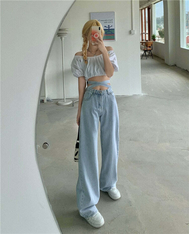 Celestial Sky Tie-Front Y2K Jeans - Coquette Aesthetic Grunge Style Women's Fashion
