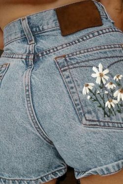 Chamomile Embroidered Denim Shorts - Y2K Coquette & Grunge Aesthetic