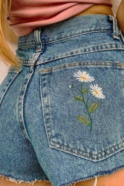 Chamomile Embroidery Denim Shorts - Y2K Aesthetic Coquette Grunge