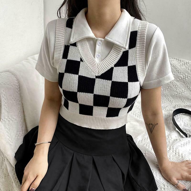 Check Board Knit Vest: Y2K Fashion with Coquette Aesthetic, Grunge Style & Pastel Goth