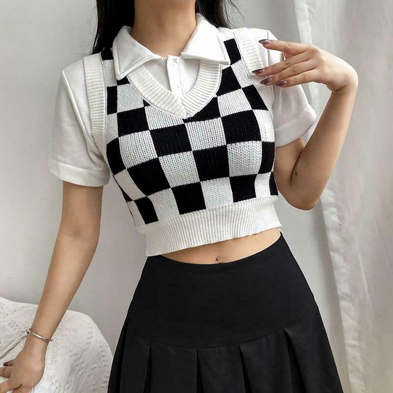 Check Board Knit Vest: Y2K Fashion with Coquette Aesthetic, Grunge Style & Pastel Goth