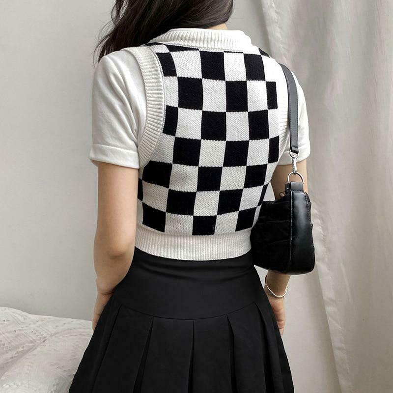 Check Board Knit Vest: Y2K Fashion with Coquette Aesthetic, Grunge Style & Pastel Goth