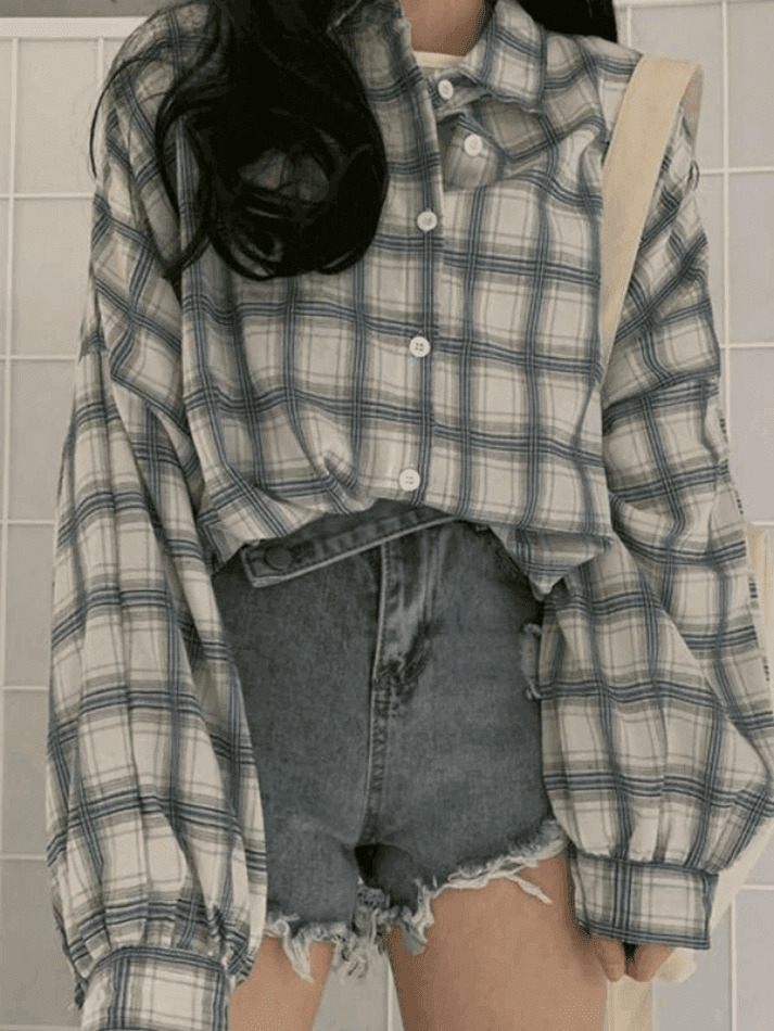 Checkered Puff Sleeve Button Blouse - Vintage Y2K Fashion with Coquette Aesthetic and Grunge Style